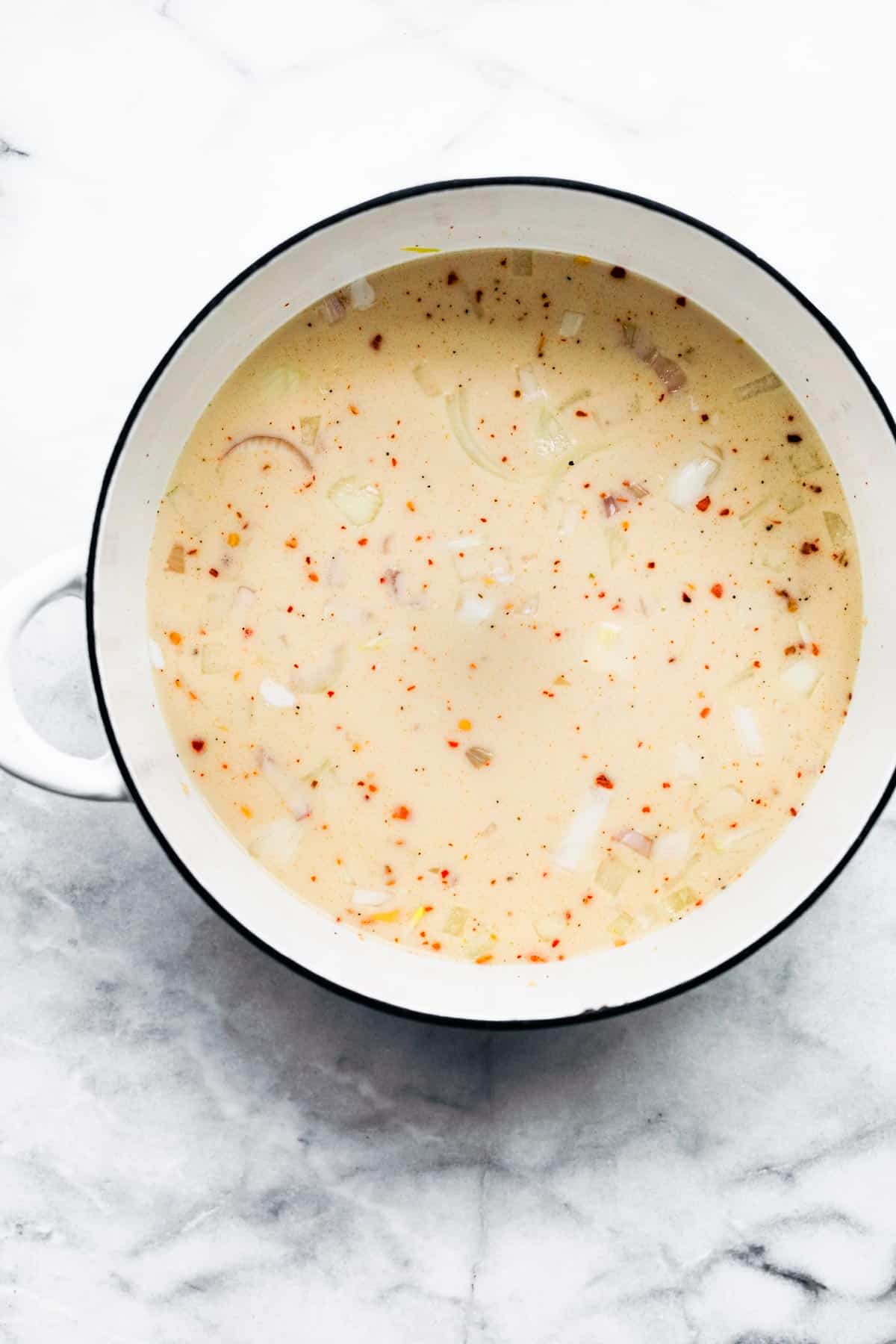 The base of the Roasted Red Pepper Soup in a pot.