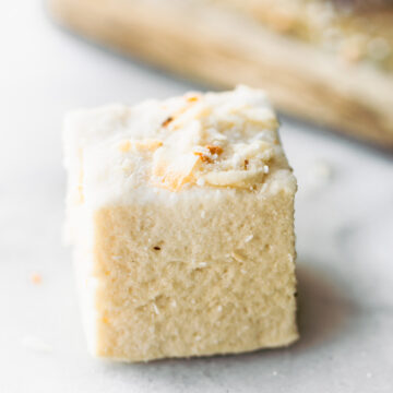 A close up image of one coconut marshmallow.