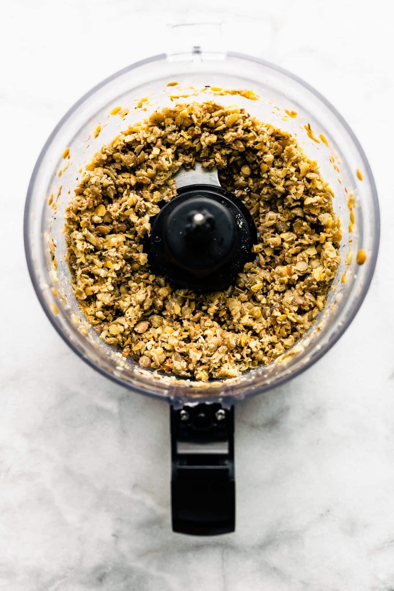 Cooked green lentils lightly blended in a food processor.