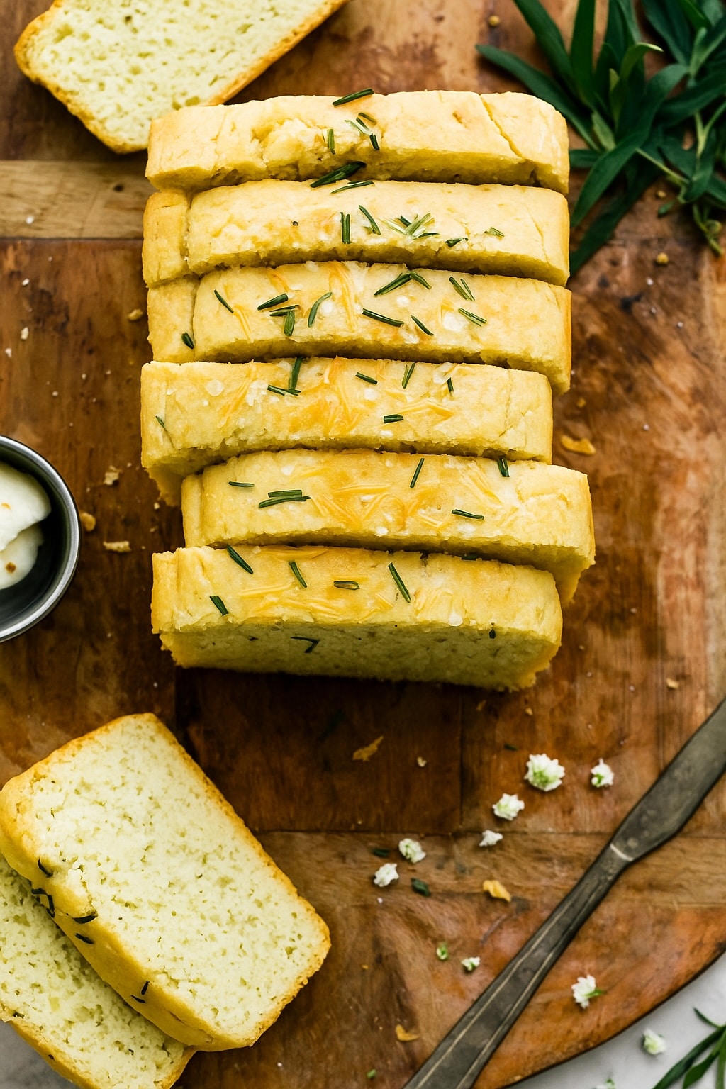 Overhead photo of gluten free potato bread sliced on wood board with herbs on top.