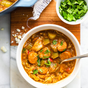 overhead photo: bowl of turkey rice soup made with leftover Thanksgiving turkey