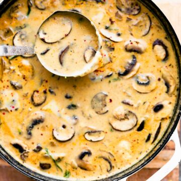 Overhead view creamy Hungarian soup in pot.
