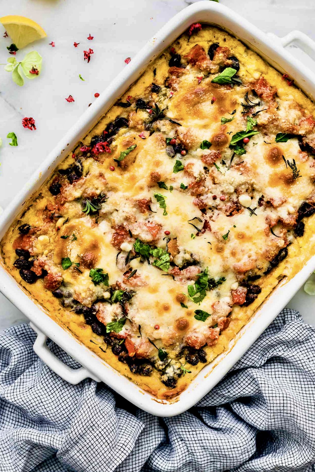 Cooked Polenta Casserole in a white pan