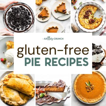 A grid of 6 photos of overhead shots of gluten-free pies with a text overlay.