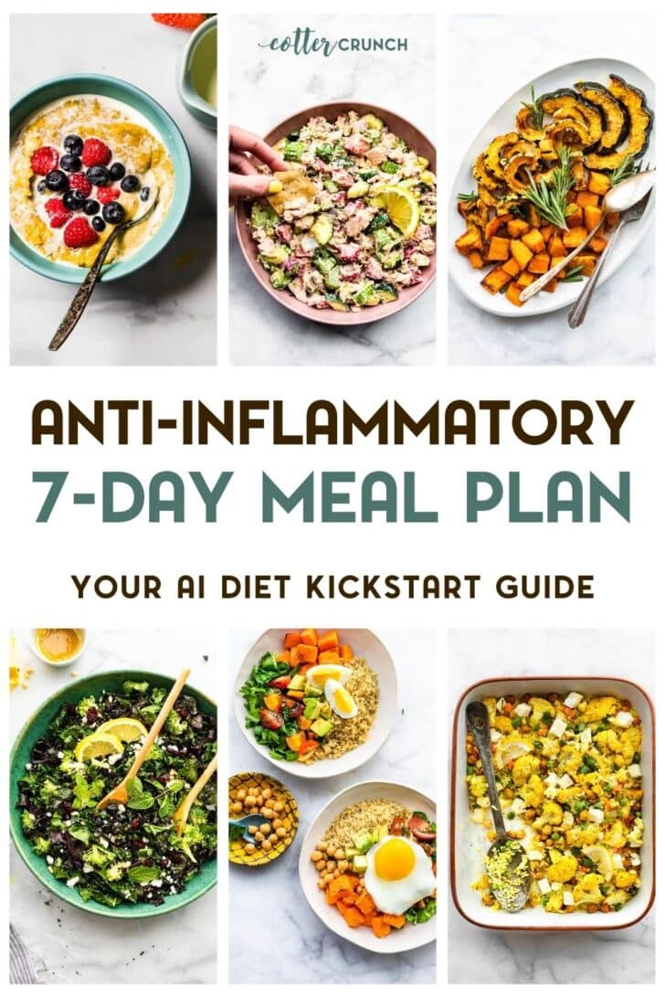 Collage of healthy recipes with text overlay for week of anti-inflammatory meals.