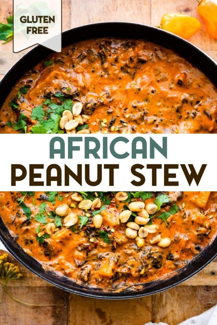 A photo of a large Dutch oven of African Peanut Stew with a text overlay for pinterest.