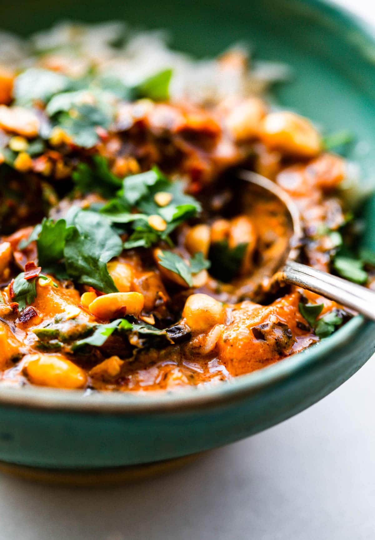 close-up photo: spoon in bowl of vegetarian peanut stew