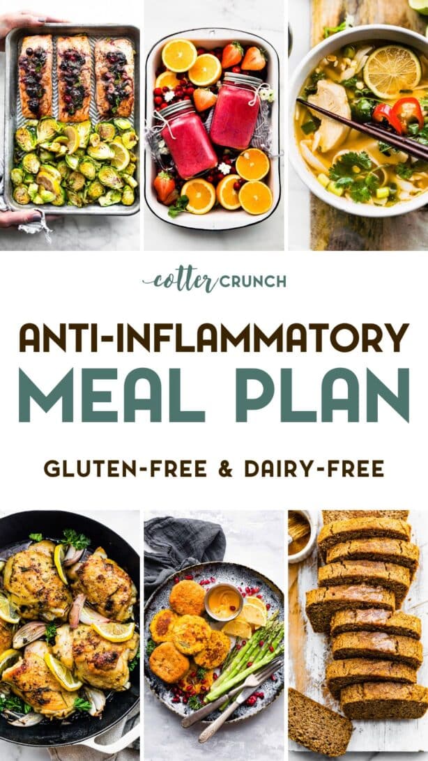 Photo collage of 6 anti-inflammatory recipes with a text overlay.