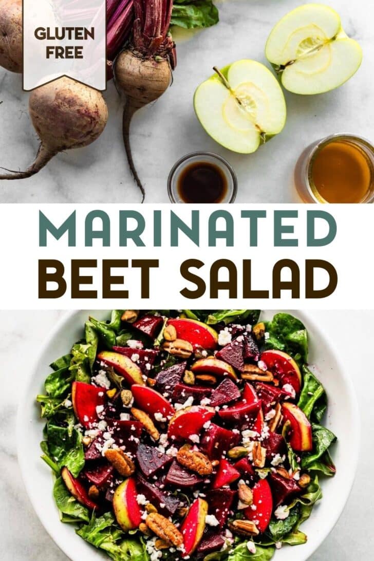 @ photos of marinated beet and apple salad with a text overlay for pinterest.