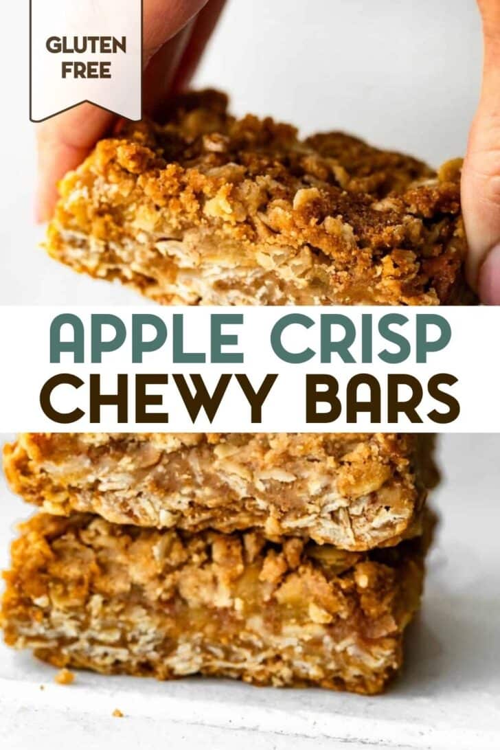 A photo of a woman's hands grabbing an apple crisp bar off a stack of 3 bars with a text overlay for pinterest.