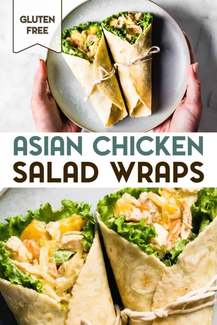 Two photos of Gluten-Free Asian Chicken Salad Wraps with a text overlay for pinterest.