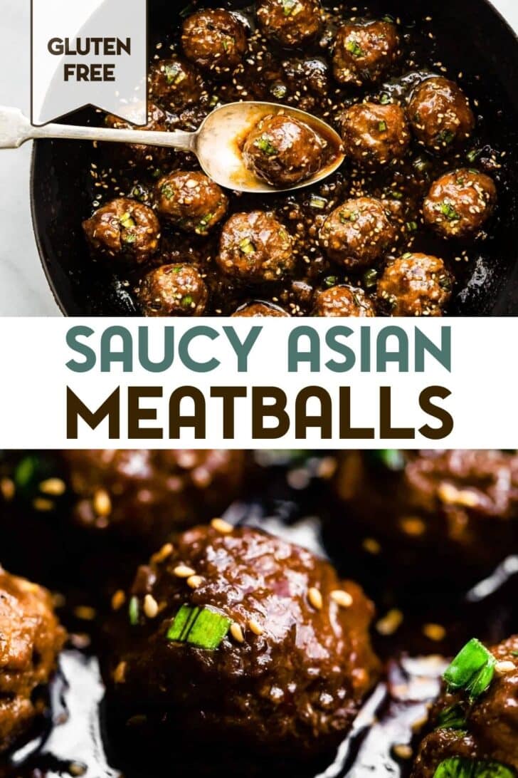 Two images of Saucy Asian Meatballs with a text overlay.