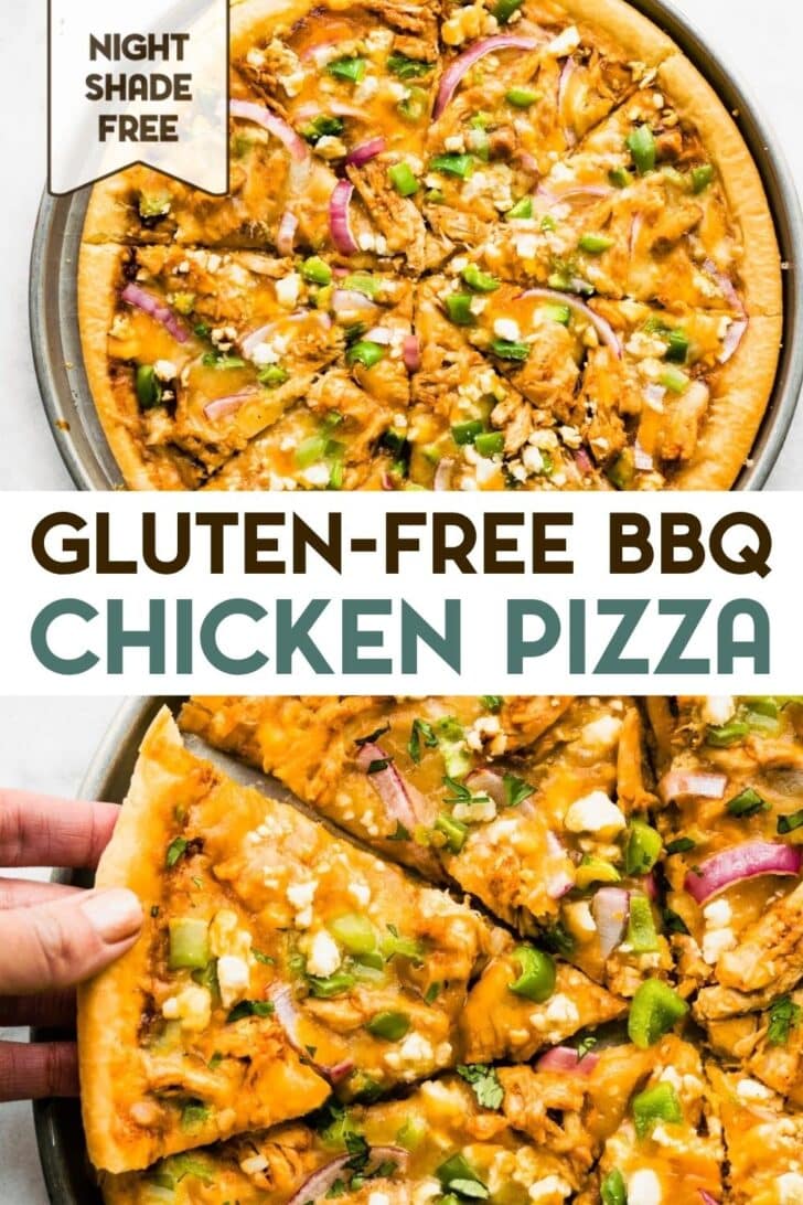 Two photos of gluten-free BBQ chicken pizza with a text overlay for pinterest.
