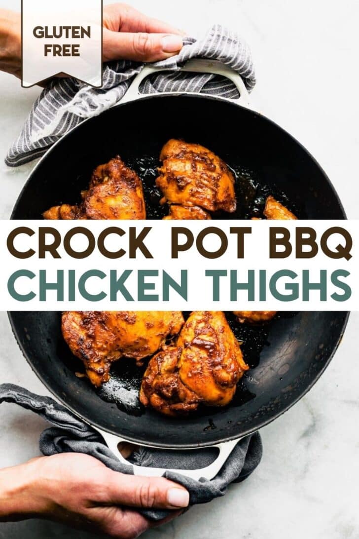 A photo of Crockpot BBQ Chicken Thighs with a text overlay for pinterest.