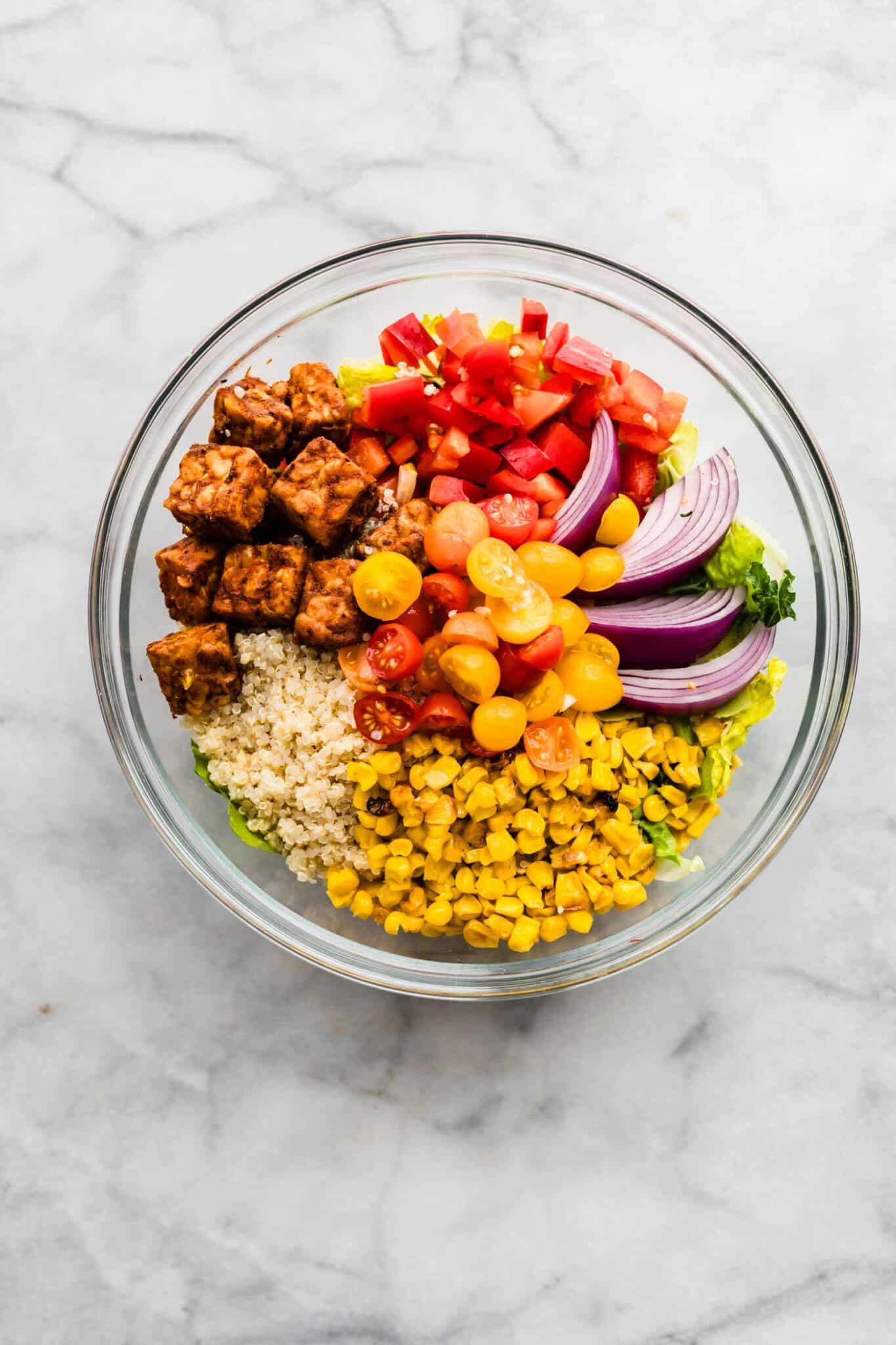 Colorful cherry tomatoes, bbq tempeh, quinoa and red onion in a bowl.