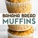 A woman's hand picking up the top muffin off of a stack of muffins with a text overlay for pinterest.