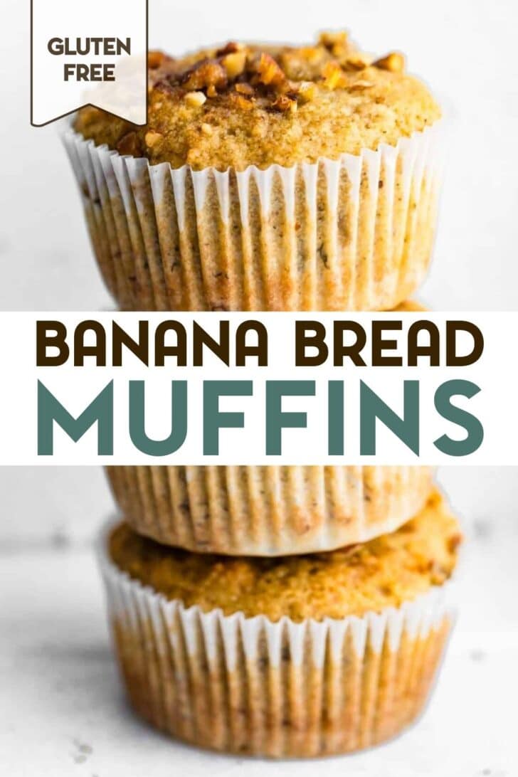 A woman's hand picking up the top muffin off of a stack of muffins with a text overlay for pinterest.
