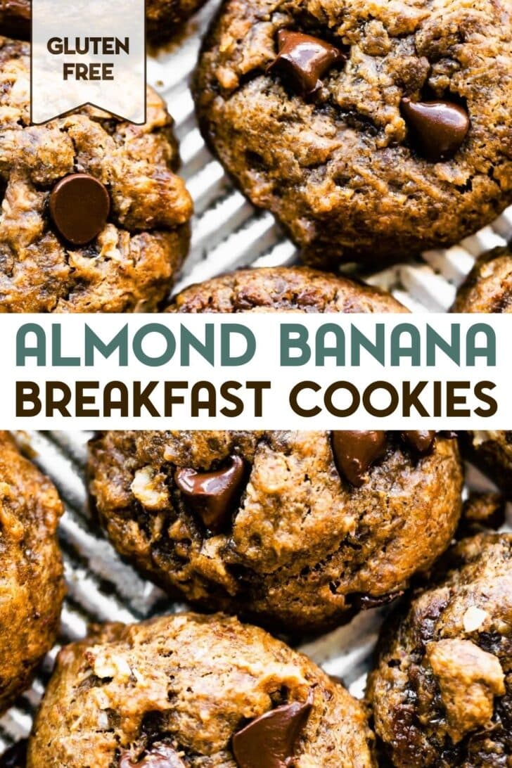 A photo of almond butter banana breakfast cookies with a text overlay for pinterest.
