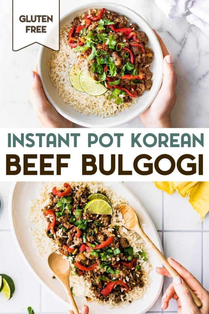 Two photos of Instant Pot Korean Beef Bulgogi with a text overlay for pinterest.