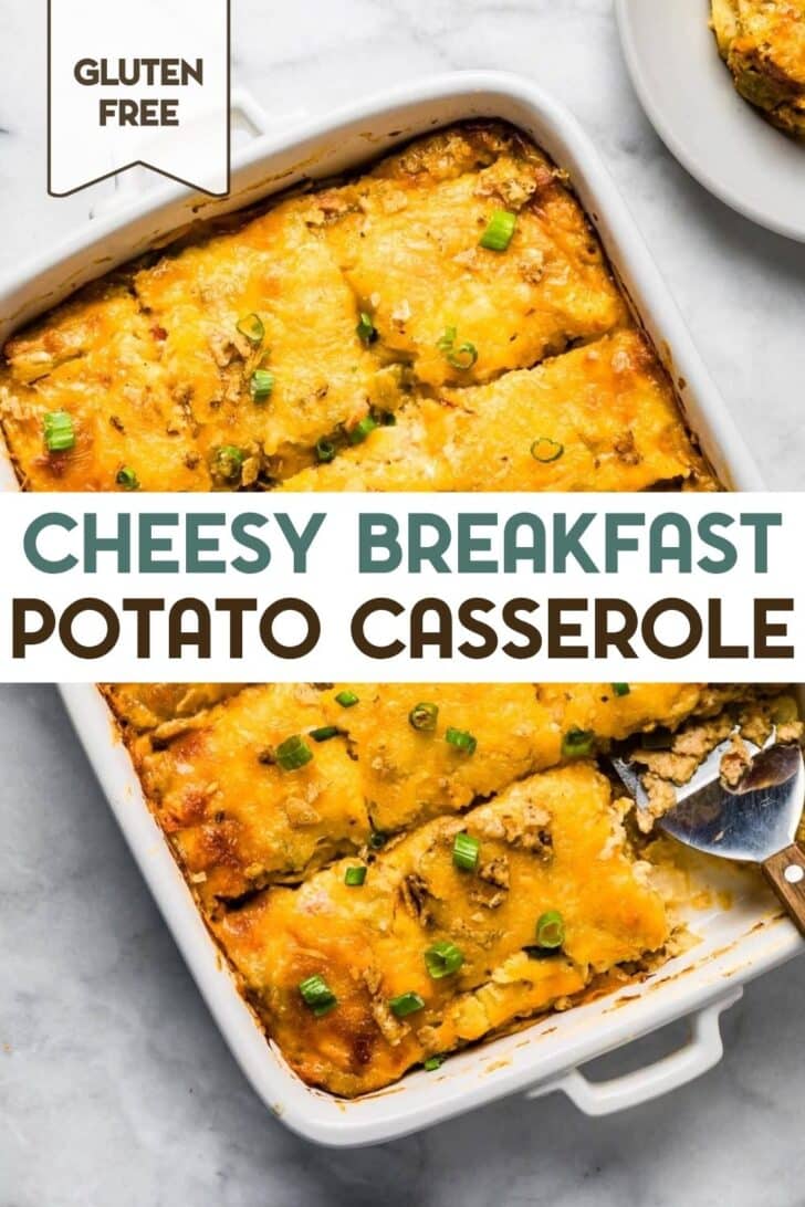 A photo of a Potato Breakfast Casserole with one slice missing with a text overlay for pinterest.