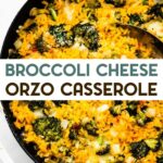 A photo of a Broccoli Cheese Casserole with a text overlay for pinterest.