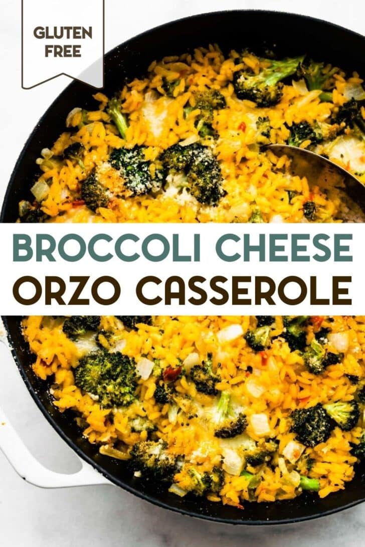A photo of a Broccoli Cheese Casserole with a text overlay for pinterest.
