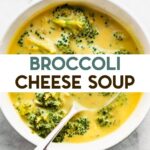 An overhead photo of a bowl of Dairy-Free Broccoli Cheese Soup with a text overlay for pinterest.