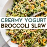 An overhead photo of a round white serving bowl of healthy no-mayo broccoli slaw with a text overlay for pinterest.