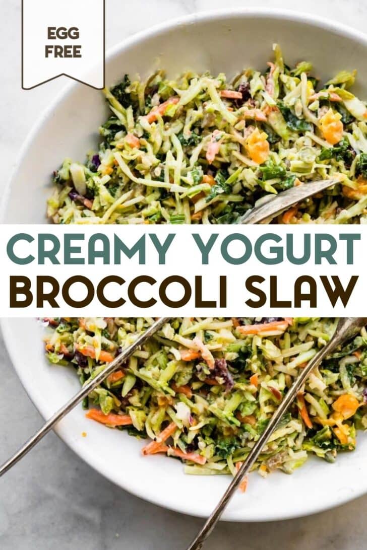An overhead photo of a round white serving bowl of healthy no-mayo broccoli slaw with a text overlay for pinterest.