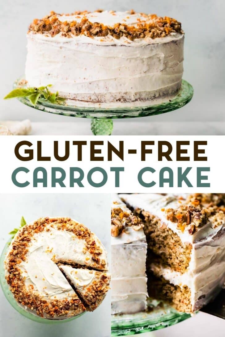 3 photos of gluten-free carrot cake with a text overlay for pinterest.
