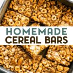 A photo of a baking pan of Gluten-Free Cereal Bars with a text overlay for pinterest.