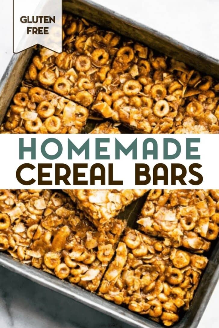 A photo of a baking pan of Gluten-Free Cereal Bars with a text overlay for pinterest.