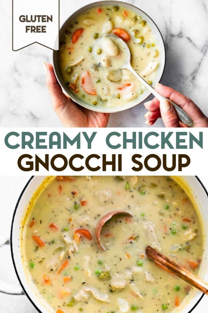 Two photos of Gluten-Free Chicken Gnocchi Soup with a text overlay for pinterest.