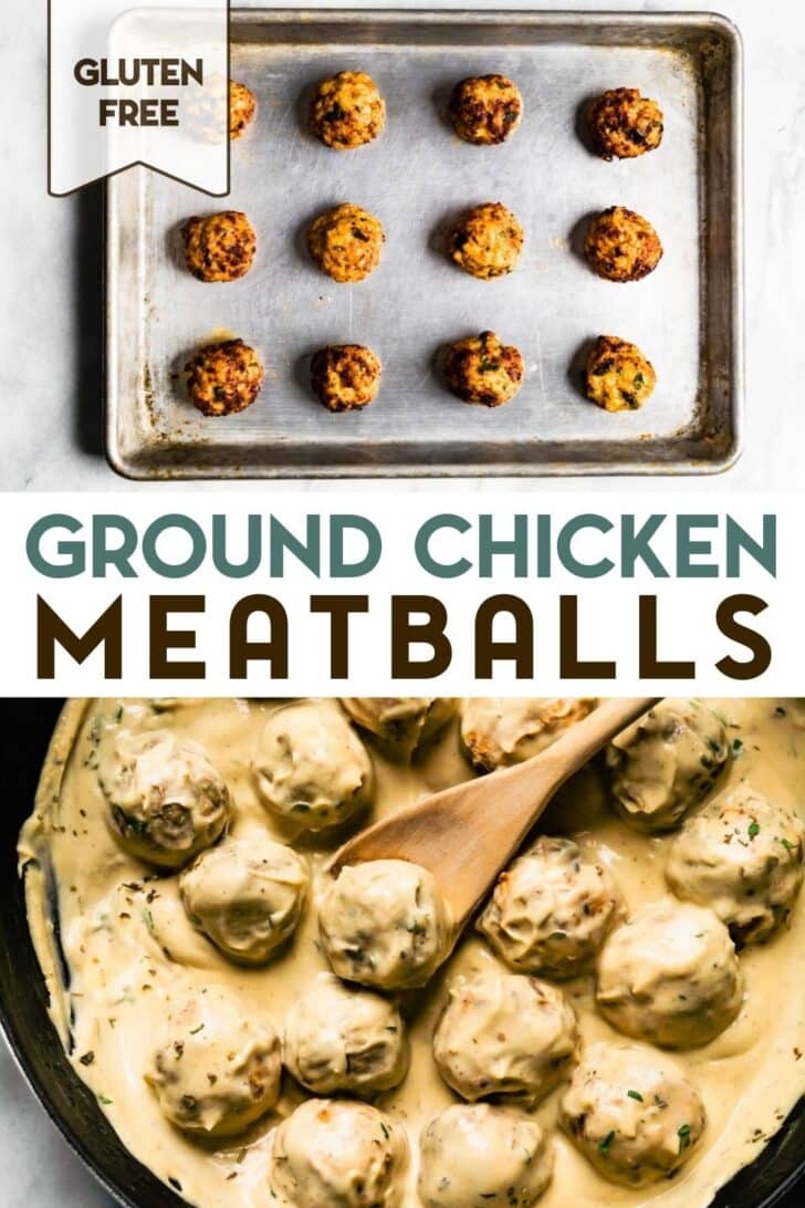 Two photos of Air Fryer Chicken Meatballs with a text overlay for pinterest.