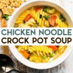 A photo of a white bowl of Gluten-Free Chicken Noodle Soup with a text overlay for pinterest.