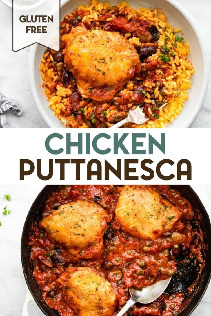 Two photos of Skillet Chicken Puttanesca with a text overlay for pinterest.