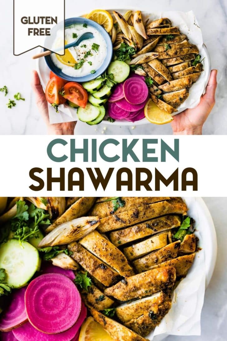 Two photos of Oven Roasted Chicken Shawarma with a text overlay for pinterest.