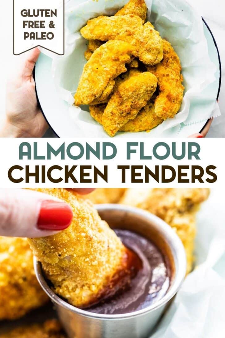 Two photos of gluten-free almond flour chicken tenders with a text overlay for pinterest.