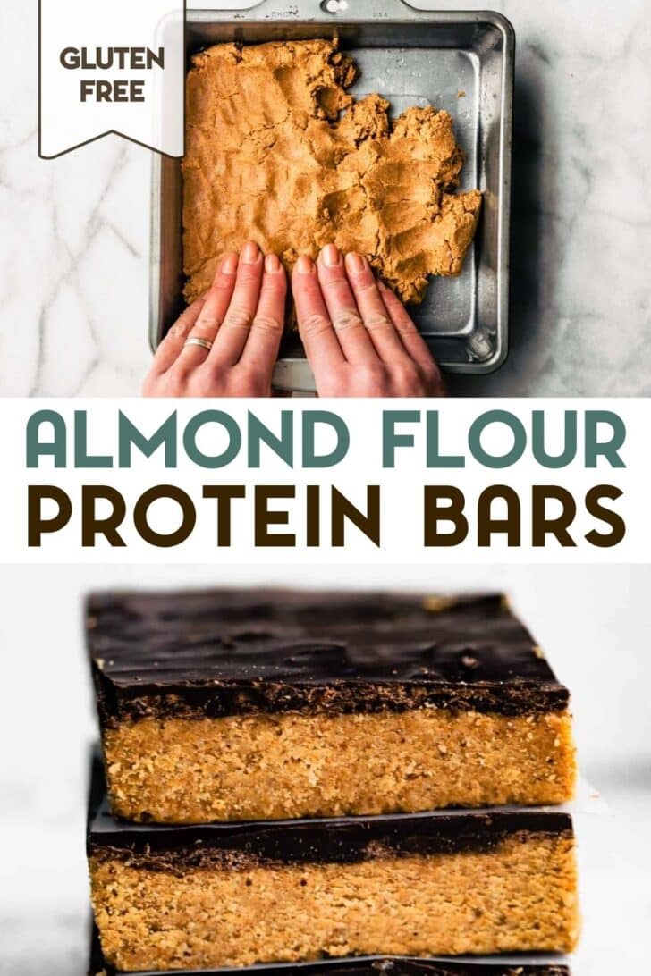 Two photos of Chocolate Almond Flour Protein Bars with a text overlay for pinterest.