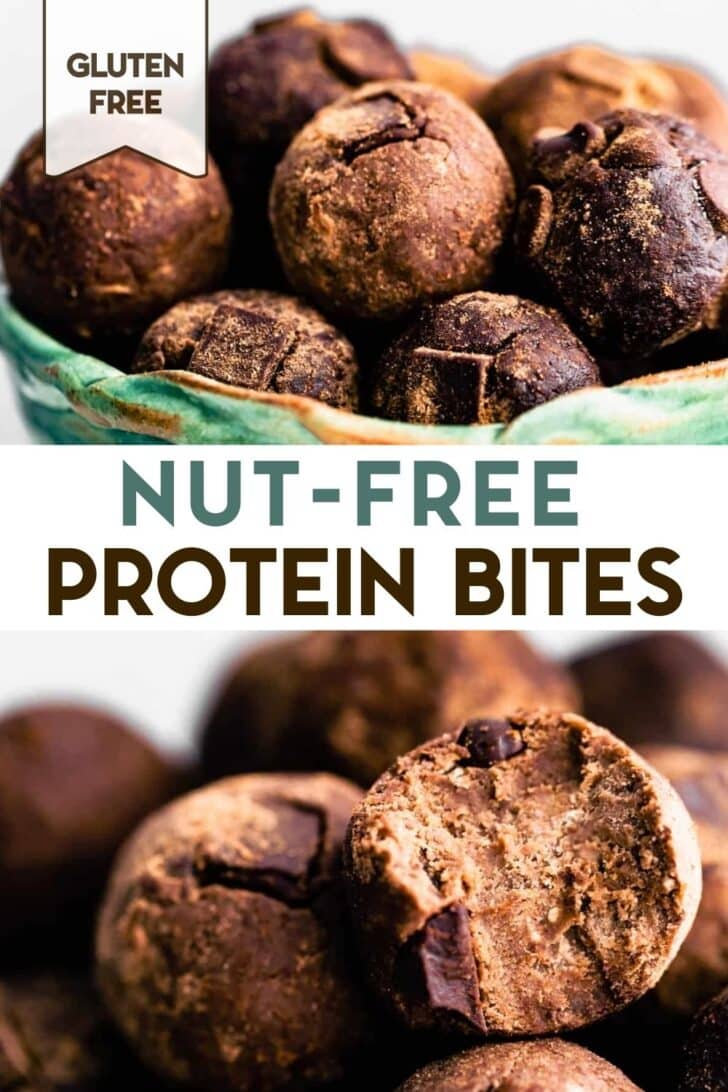 Two photos of Chocolate Nut-Free Protein Balls with a text overlay for pinterest.