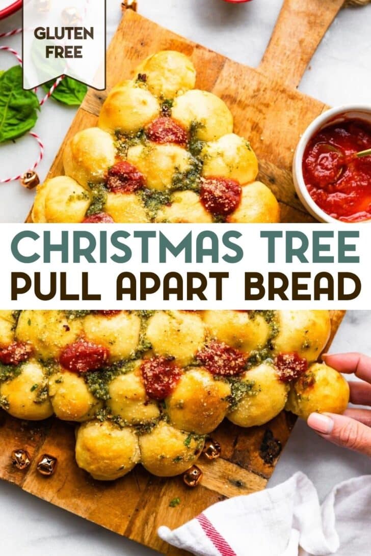 A photo of a gluten-free Christmas Tree Pull Apart Bread with a text overlay for pinterest.