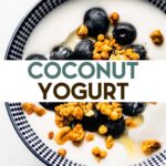 A photo of a bowl of Vegan Coconut Yogurt topped with blueberries and granola with a text overlay for pinterest.