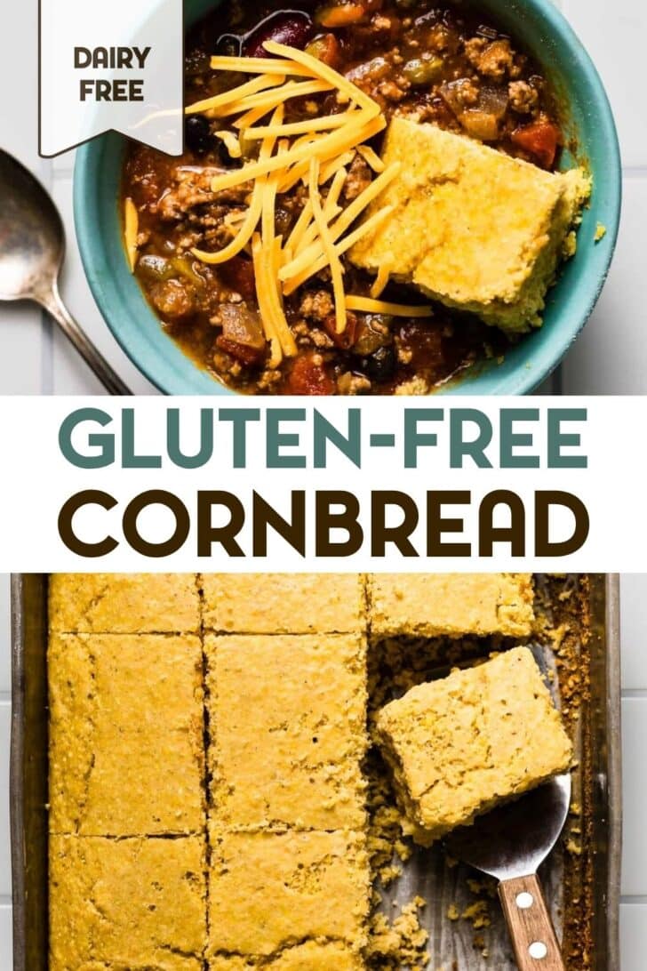 Two photos of gluten-free cornbread with a text overlay for pinterest.