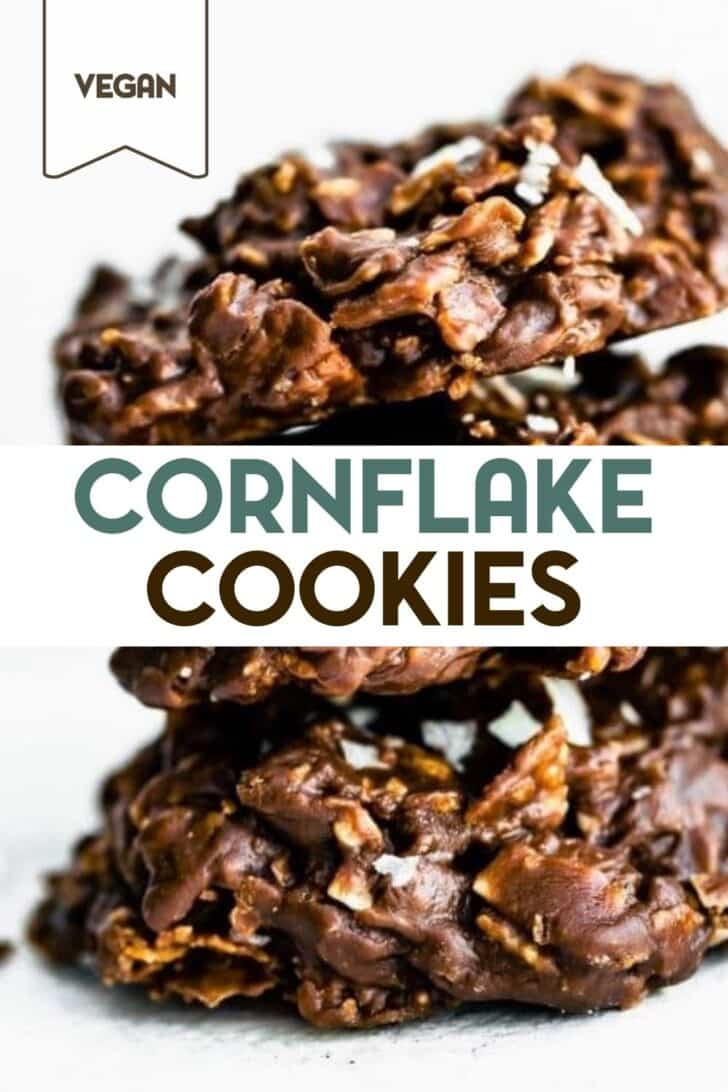 A photo of 3 stacked Chocolate Cornflake Cookies with a text overlay for pinterest.
