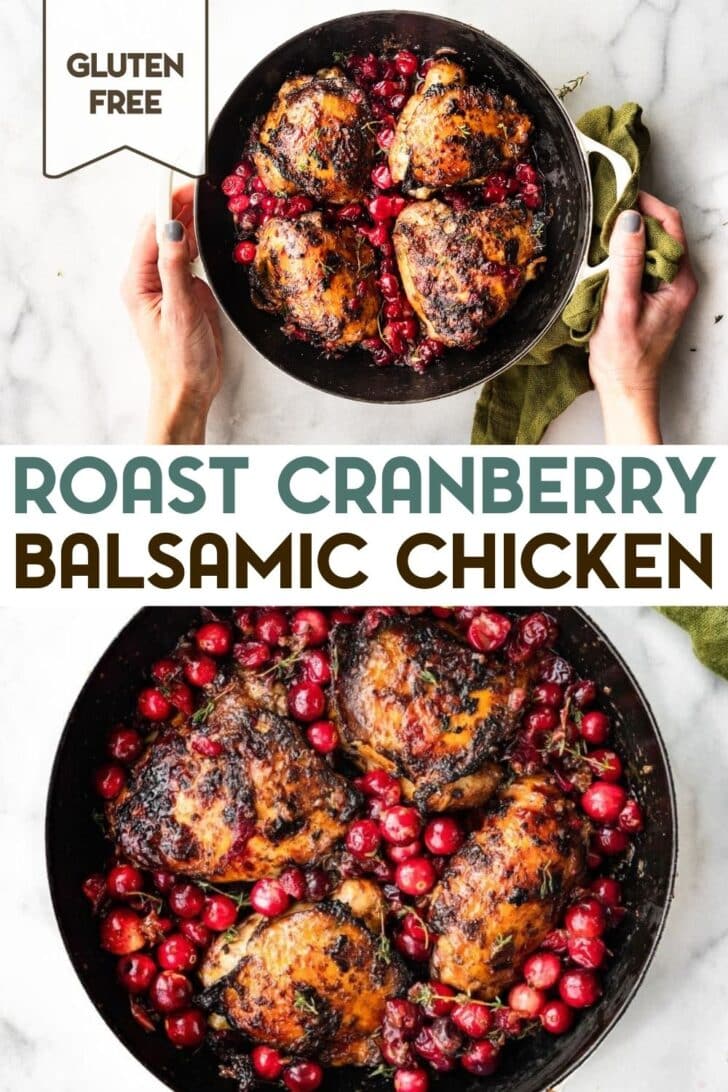 Two photos of Balsamic Roasted Cranberry Chicken with a text overlay for pinterest.