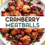 A photo of a plate of Crock Pot Cranberry Meatballs with a text overlay for pinterest.
