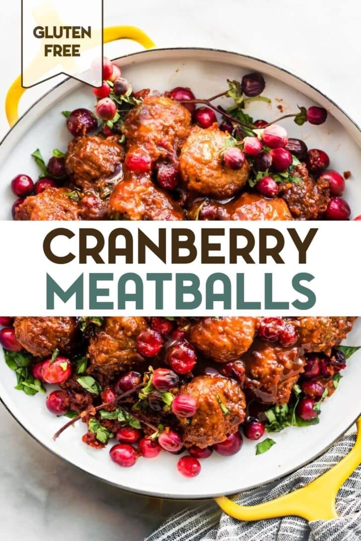 A photo of a plate of Crock Pot Cranberry Meatballs with a text overlay for pinterest.