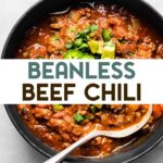 Two photos of gluten-free slow cookier beef chili with a text overlay for pinterest.