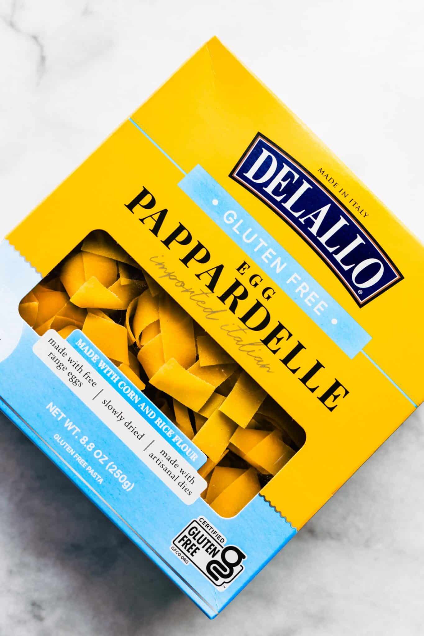 yellow and blue box of Delallo Gluten-free pappardelle