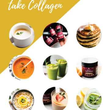 Graphic on how to use collagen every day. 9 circle photos of pancakes, and supplements.
